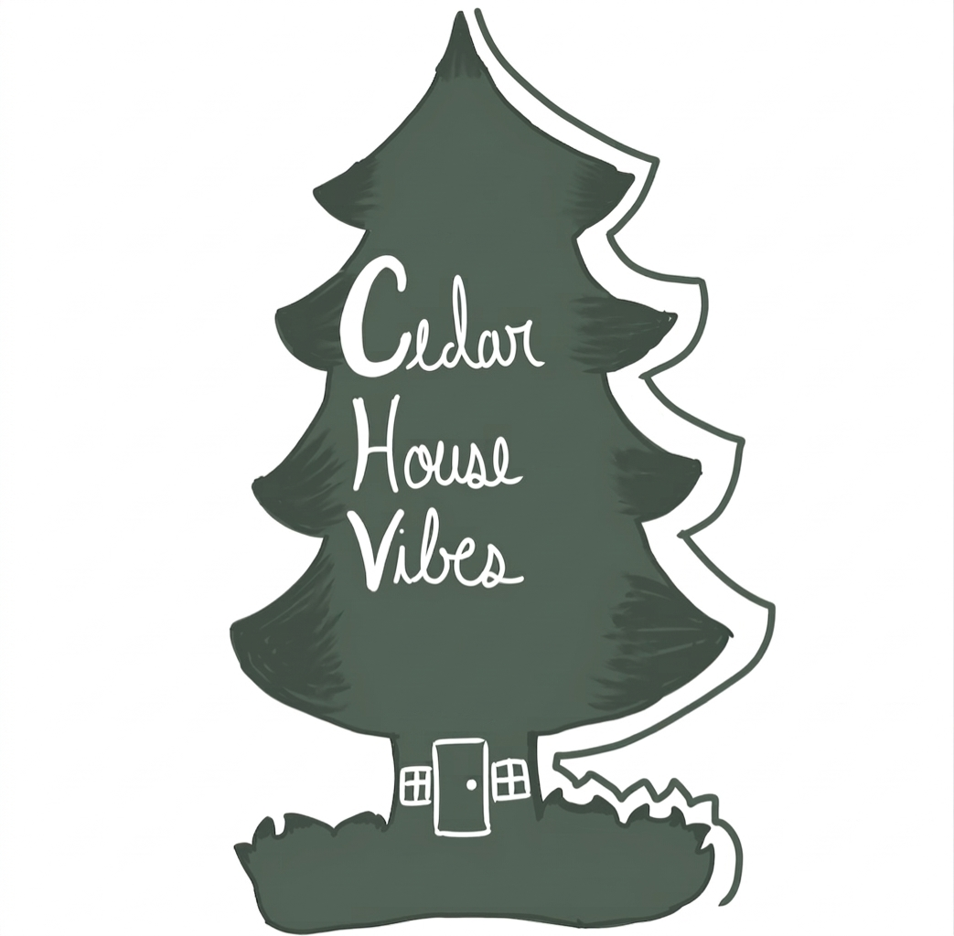 Cedar House Vibes logo, hand-drawn evergreen tree and house.