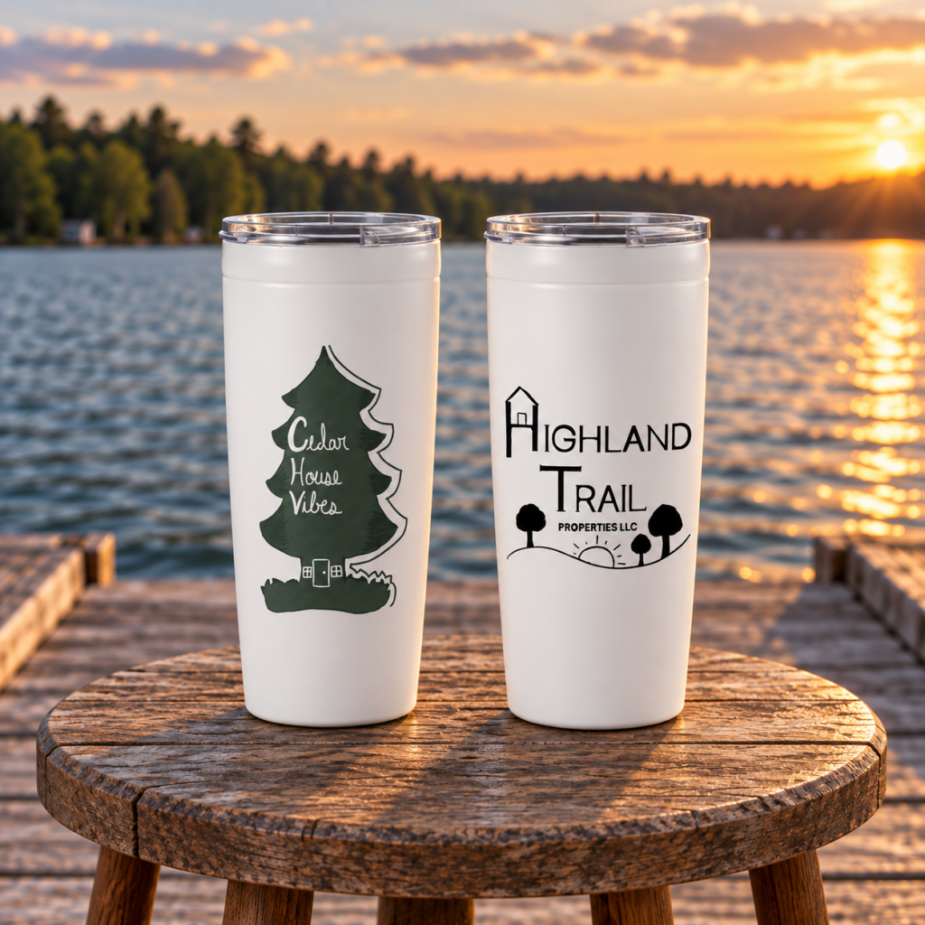 Two white tumblers displaying the Cedar House Vibes and Highland Trail Properties logos on a wooden table beside a lake at sunset.