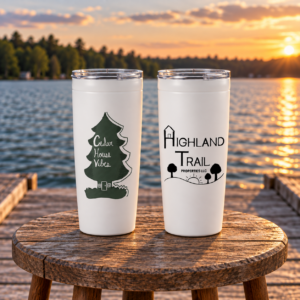 Two white tumblers displaying the Cedar House Vibes and Highland Trail Properties logos on a wooden table beside a lake at sunset.